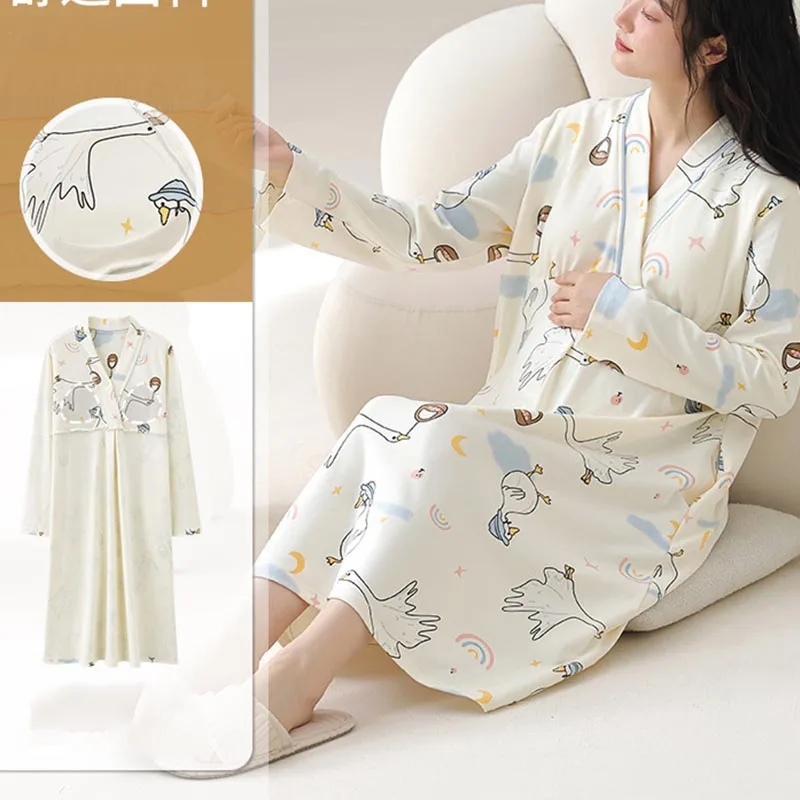 فستان نوم للرضاعة من القطن للربيع والخريف للأمهات مطبوع عليه زهور ملابس نوم للحمل والمنزل والمستشفى