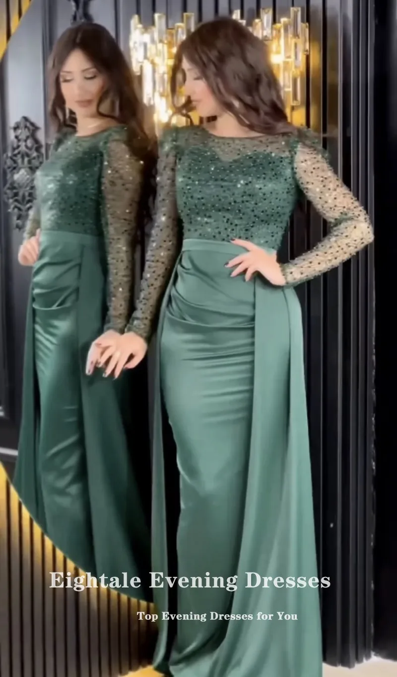 Eightale Evening Dresses with Detachable Skirt Dark Green Long Sleeves Customized Mermaid Party Prom Gown Vestidos De Noche