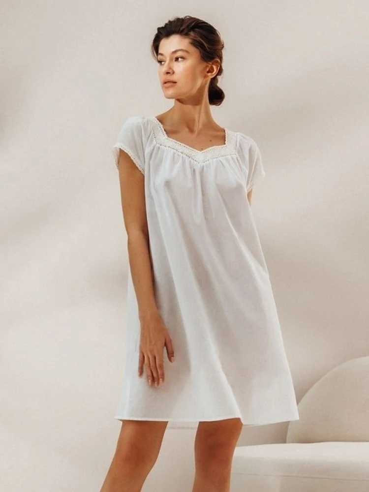 Hiloc White Night Dress Women Sleepwear Cotton Short Sleeve Loose Lace Patchwork Woman Dresses Solid 2024 Summer Casual Female