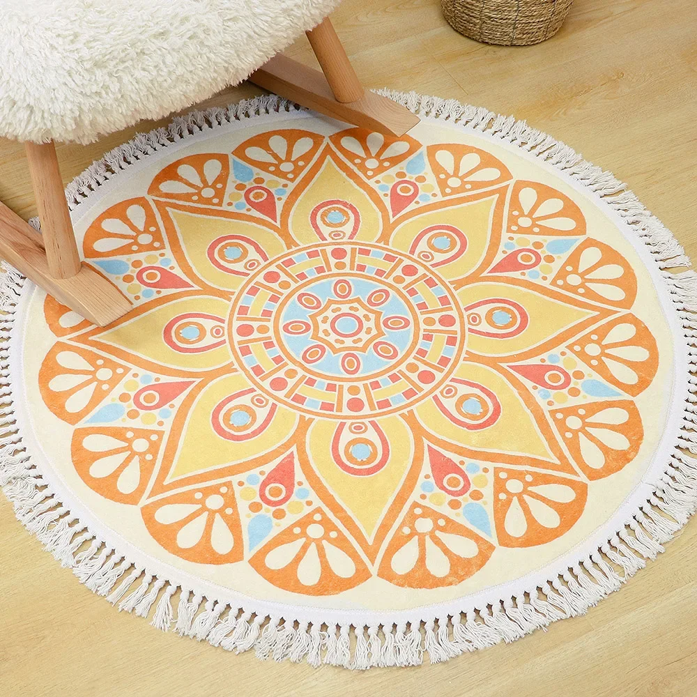 Round Rug Bedroom Tassel Carpet Bedside Mats Room Decor Bohemian Ethnic Floor Mat Home Decoration Machine Washable Area Rugs