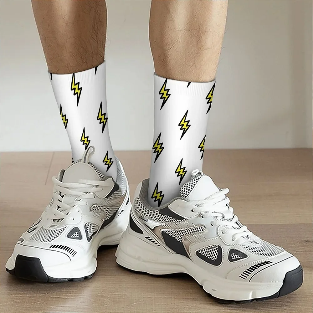 1 Pair Unisex Harajuku Seamless Print Crew Socks, Novelty Fun Lightning Design, 95% Polyester 5% Spandex, Hand Wash Only