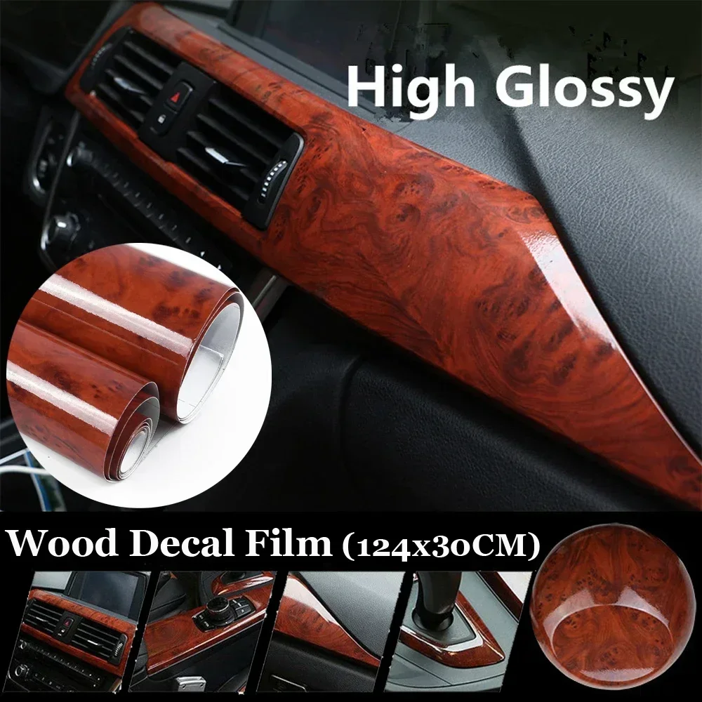30x124CM High Glossy Wood Grain Vinyl Sticker Decal Car Internal DIY Film Car Accessories Car Sticker Automotive Internal Univer