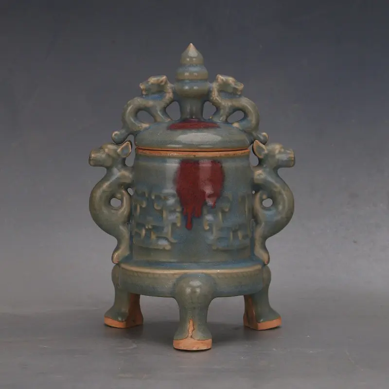 Song Dynasty Jun Ware Blue Glaze Splash Color Dragon Pattern Three Legged Censer Chinese Vintage Home Decor Collectible