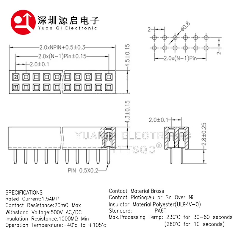 10pcs 2.0mm Double Row Straight Female 2-40P Pin Header Socket Connector 2x2/3/4/5/6/7/8/9/10/12/14/15/20/25Pin PH=4.3MM/6.35MM