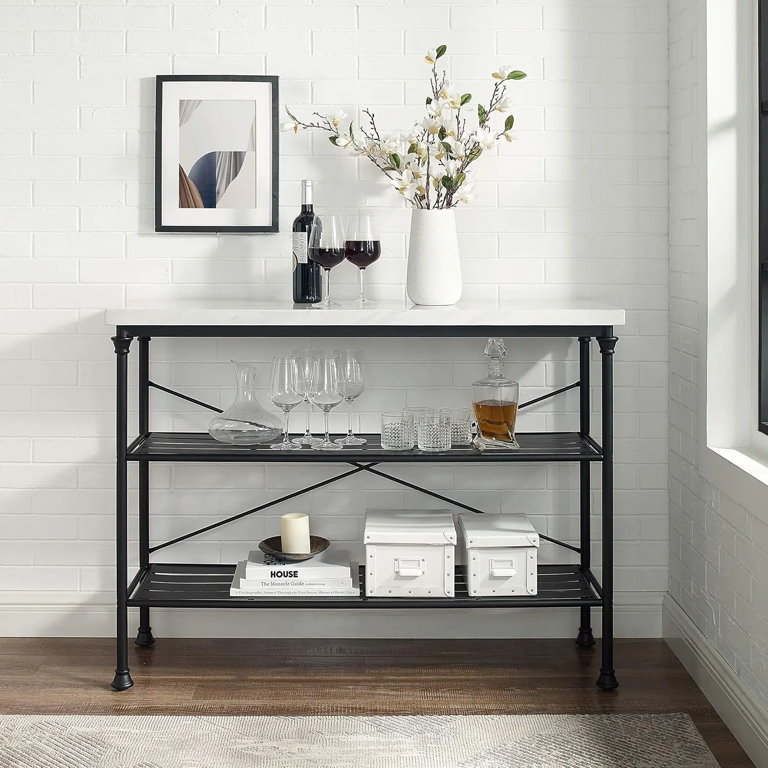 Madeleine Sofa Console Table with Storage Shelves for Hall, Entryway, or Living Room, Steel with Faux Marble Top