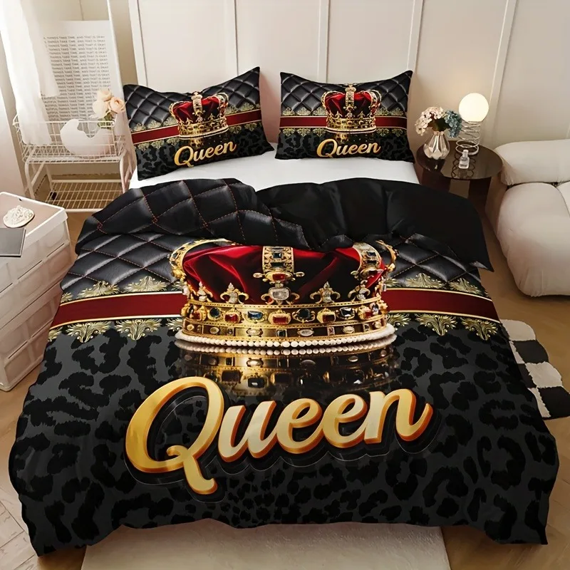 Crown Queen Leopard Print Duvet Cover Set High Definition 1 Duvet Cover + 2 Pillowcases for Home And Dormitory