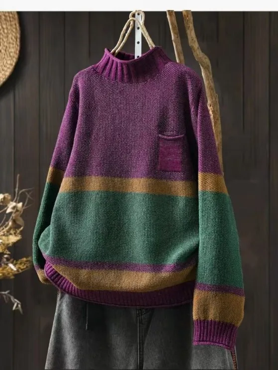 

Аутентичный свободный вязаный свитер с высоким воротником, зимнее новое поступление, женская удобная хлопковая толстовка с круглым вырезом Ne