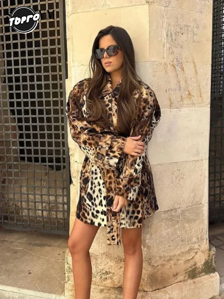 

Leopard Print Mid-length Belted Trench Coat Women's Chic Fashion Lapel Long Sleeve Front Button Jacket Lady Streetwear Outercoat