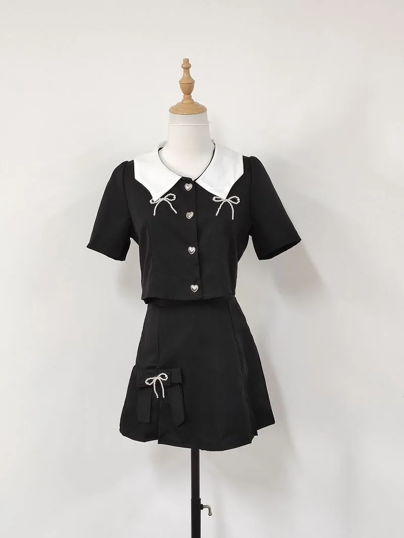 Academy Korean Doll Neck Top Skirt Two-piece Set Women Bow Heart Button Sweet Detachable Bow Slim Spicy Spring Fashion Lady Suit