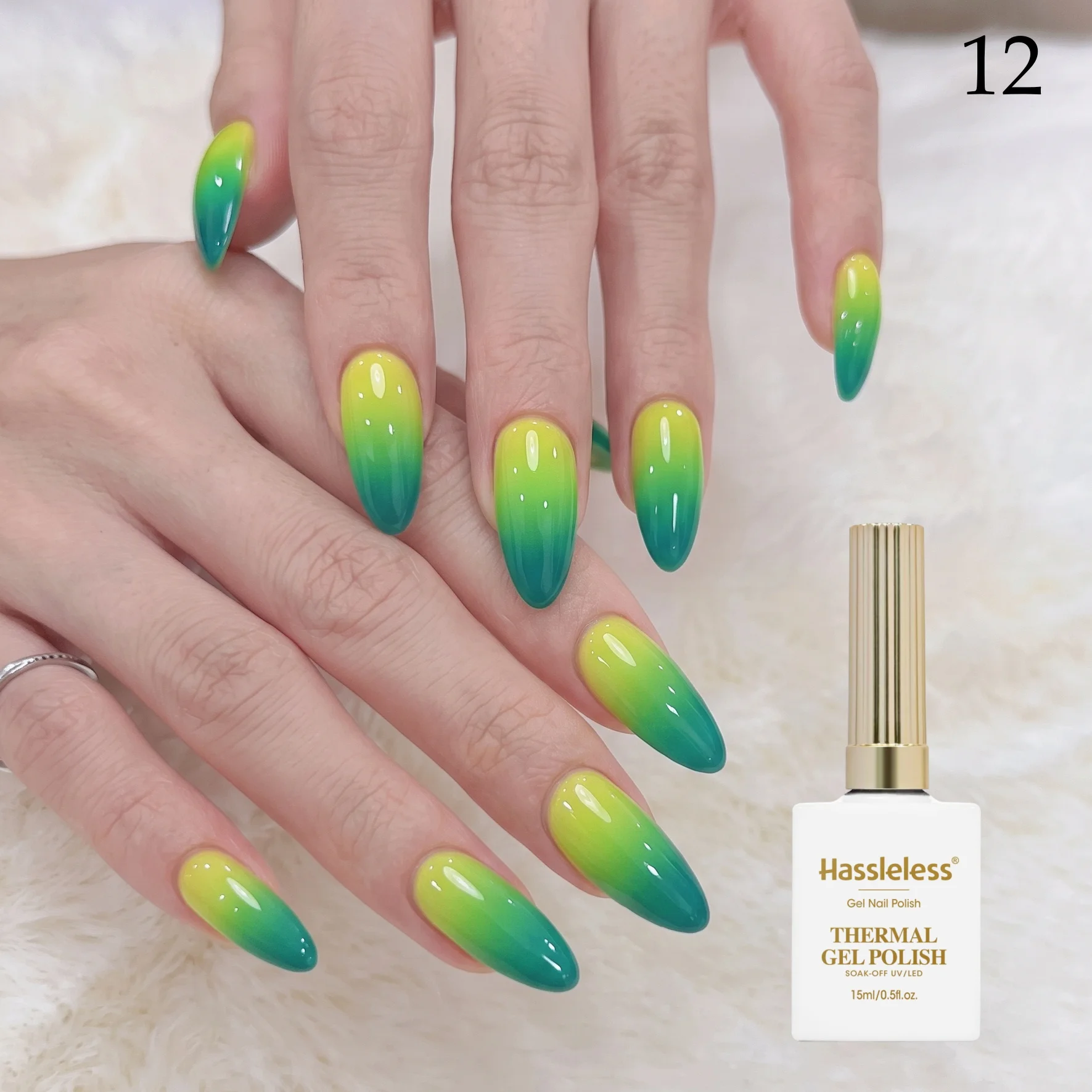 Vernis à ongles en gel fluorescent vert changeant de couleur, sans tracas, tube unique, consistance de gel modérée, application lisse.