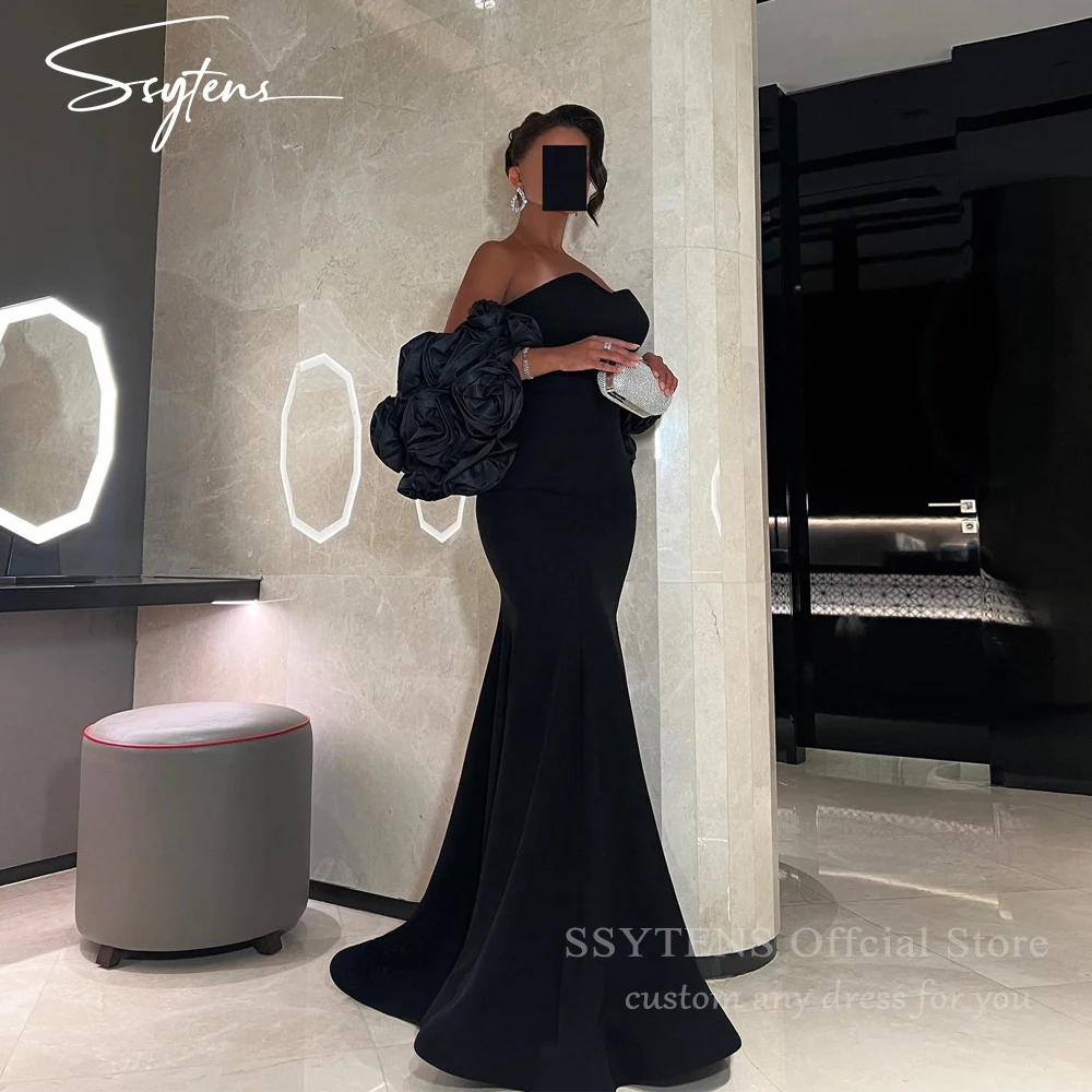 SSYTENS Elegant Black Evening Dresses 3D Flowers Train Mermaid Wedding Party Dress 2PCS Sweetheart Formal Occasion Prom Gowns