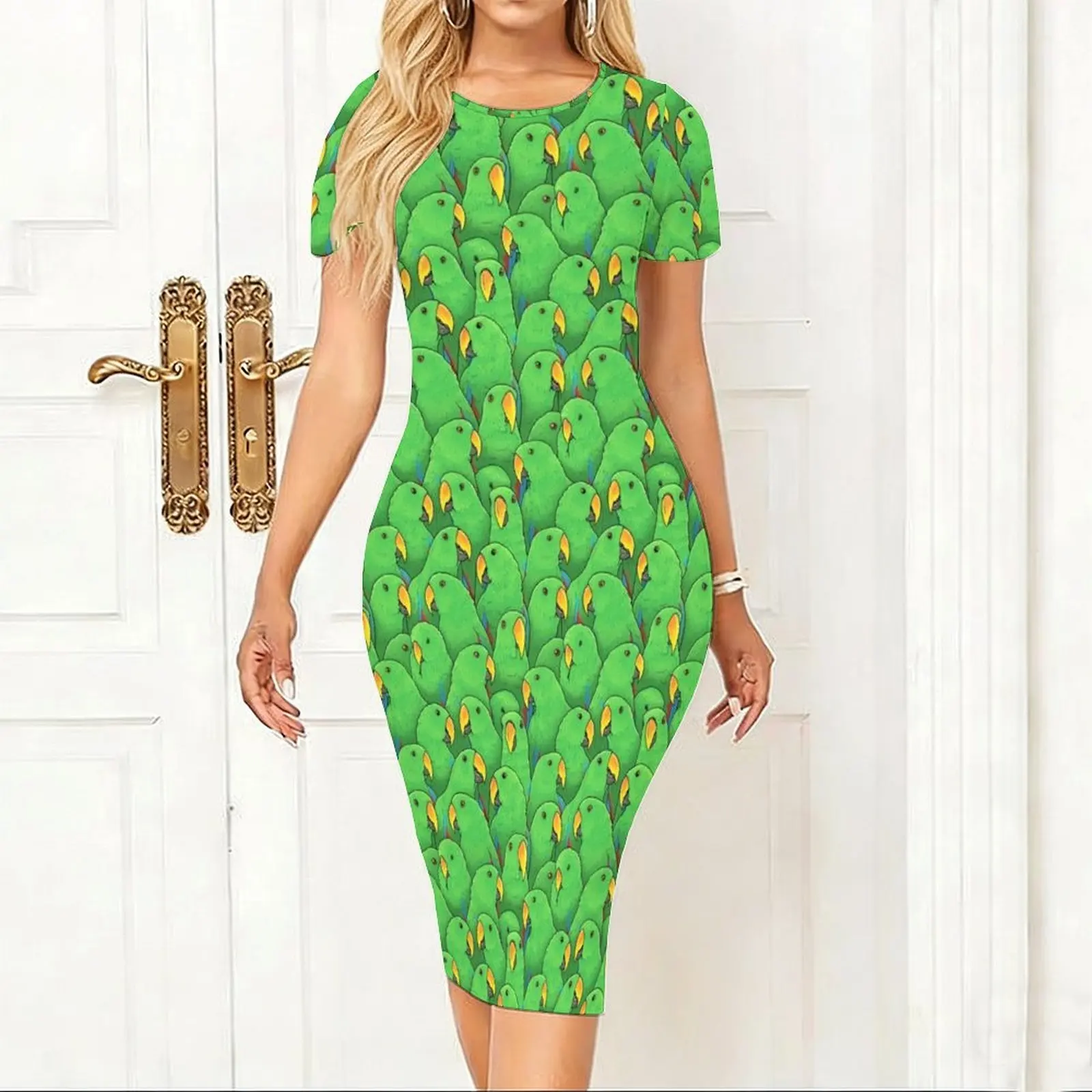 Male Eclectus Parrots Women's Short sleeved Tight Hip hugging Skirt