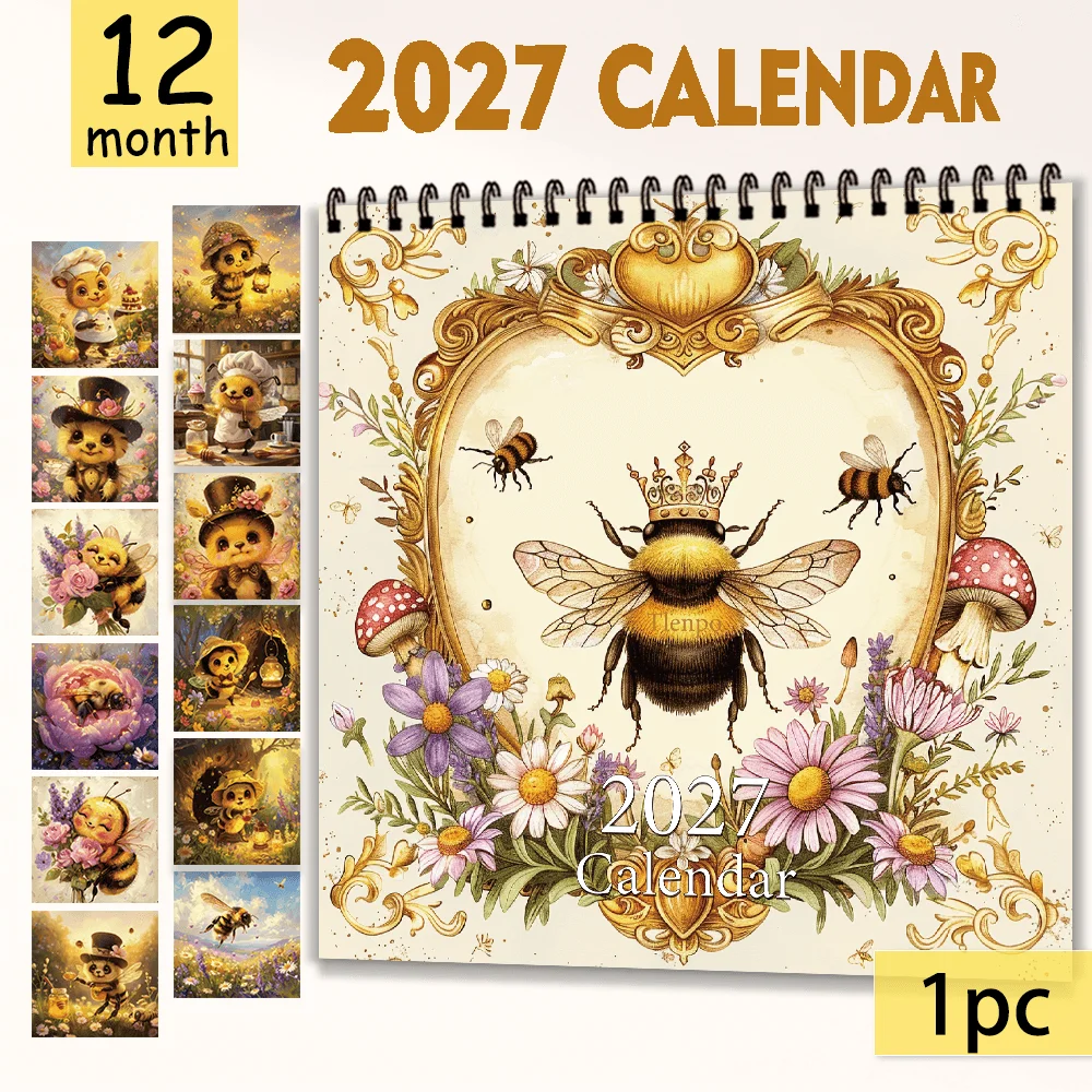 1pc 2027 Vintage Fairy Tale Bee Wall Calendar,12‑Month Planner,Gift for Back‑to‑School,Christmas,New Year,Free Stickers Included