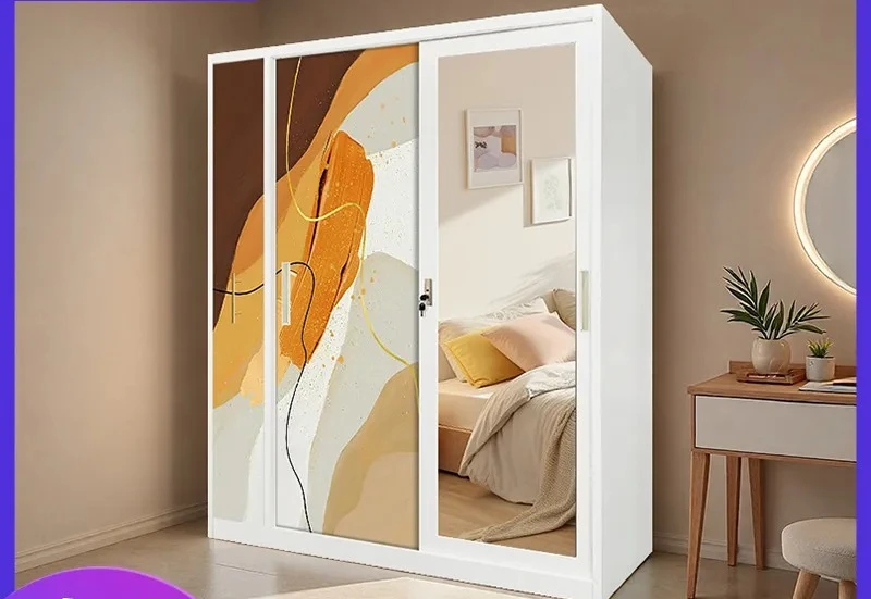 Printed Steel Wardrobe Sliding Door Metal Locker Bedroom Home Storage Cabinet Clothes Organizer Space Saving Rust Proof