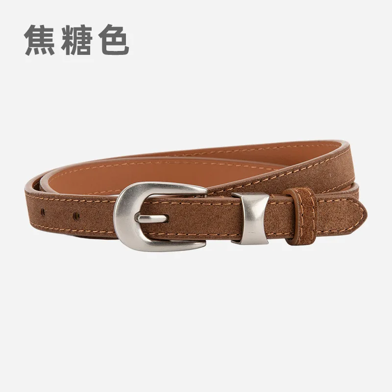 女性用レトロニッチフロストベルト、シルバーバックル、ジーンズとシンプルで多用途、インスタイルの本革ベルト