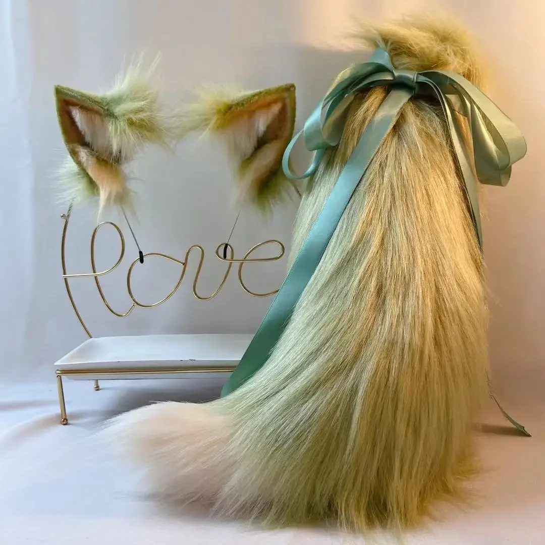 Hand Made Simulation Animal Ear Matcha Fox Ear Tail Wolf Cat Ear Hairhoop Headwear Lolita Halloween Christmas Game Cosplay