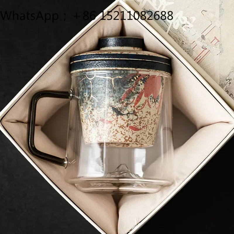 SCY blue and white flint red tea separation cup gold-painted office tea cup high-end mug
