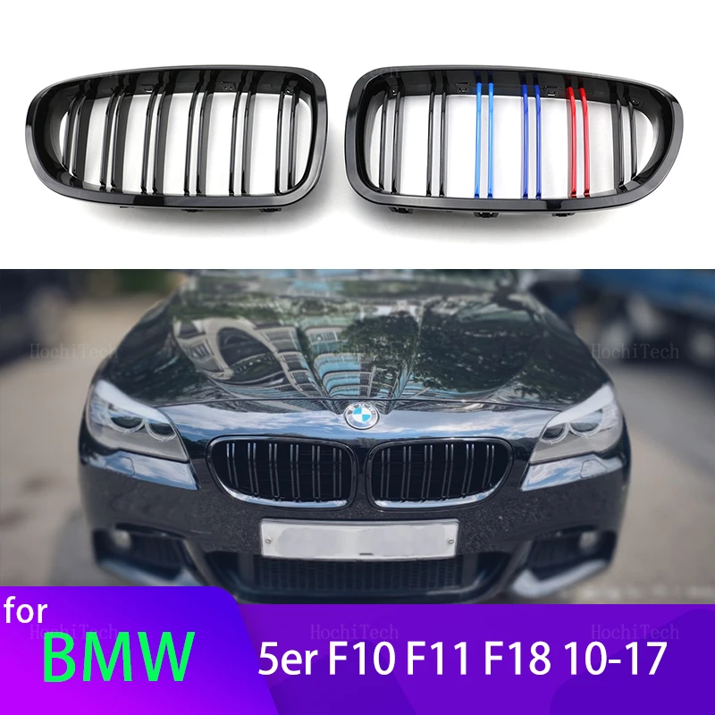 2Pcs Car Style Gloss Black Front Kidney Double Slat Grill Grille for BMW 5 Series F10 F11 F18 2010-2017 Dual Line Racing Grilles