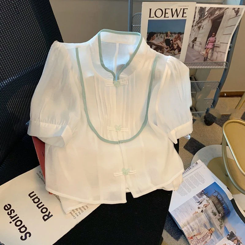 

Chinese Style Temperament Stand Collar Frog Chiffon Shirt Women Spring New Fashion Westernization Short Sleeve Comfortable Tops