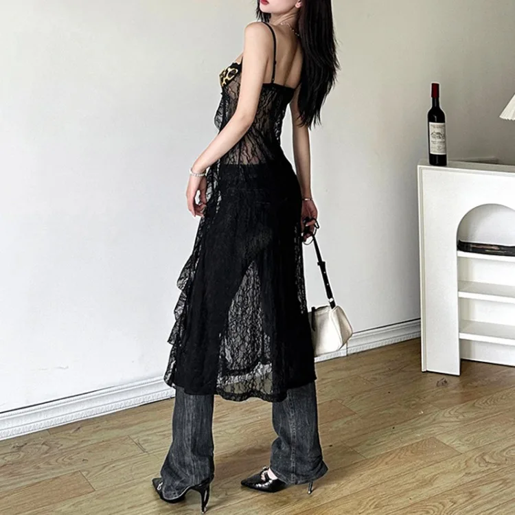 2024 New Lace See Through Camisole Tops Summer Leopard Hollow Out Tank Top Y2k E-Girl Mid-length Loose Black Vest for Women