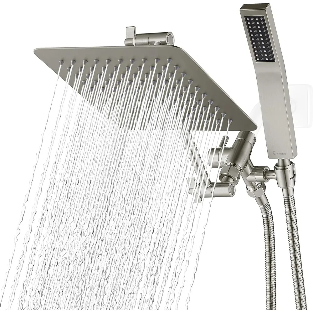 

All Metal 8 Inch Dual Square Shower Head with Handheld Spray Combo, Rain Shower Head, Adjustable Extension Arm, 3-Way