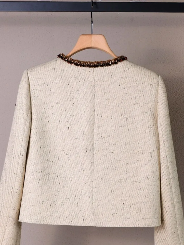 Elegant Female Solid Color Single Breasted Jacket Versatile Ladies Round Neck Coat Fashion Long Sleeves Straight Outwear