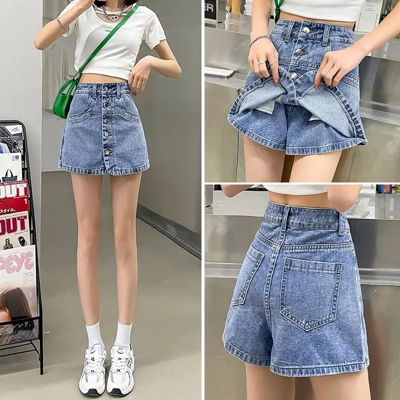 

Denim Shorts Female Summer New Style High Waisted Slim Joker A-line Wide-leg Short Pants Women's Fake Two-piece Jean Culottes