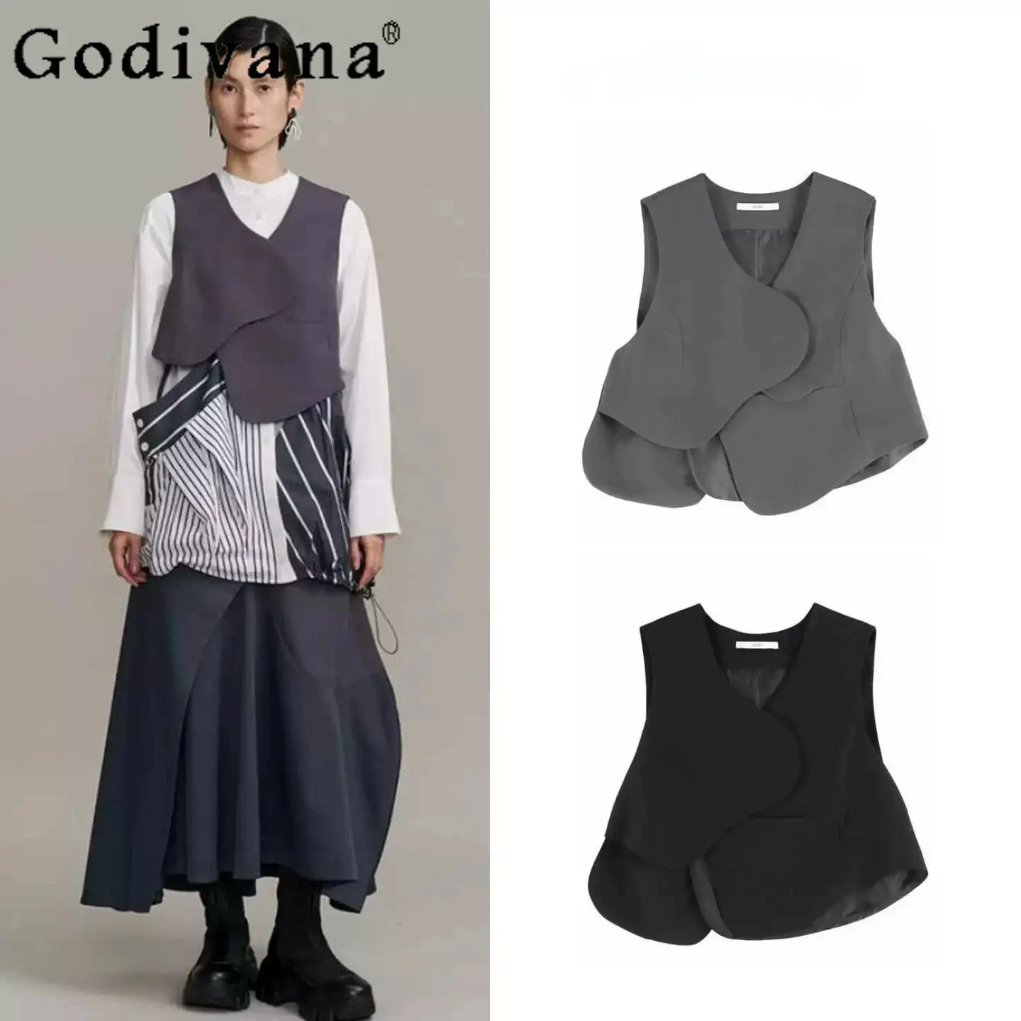 

Spring and Summer New 2026 Japanese Fashion Casual Women's Vest Jacket French Elegant Solid Color V-neck Irregular Vest Coats