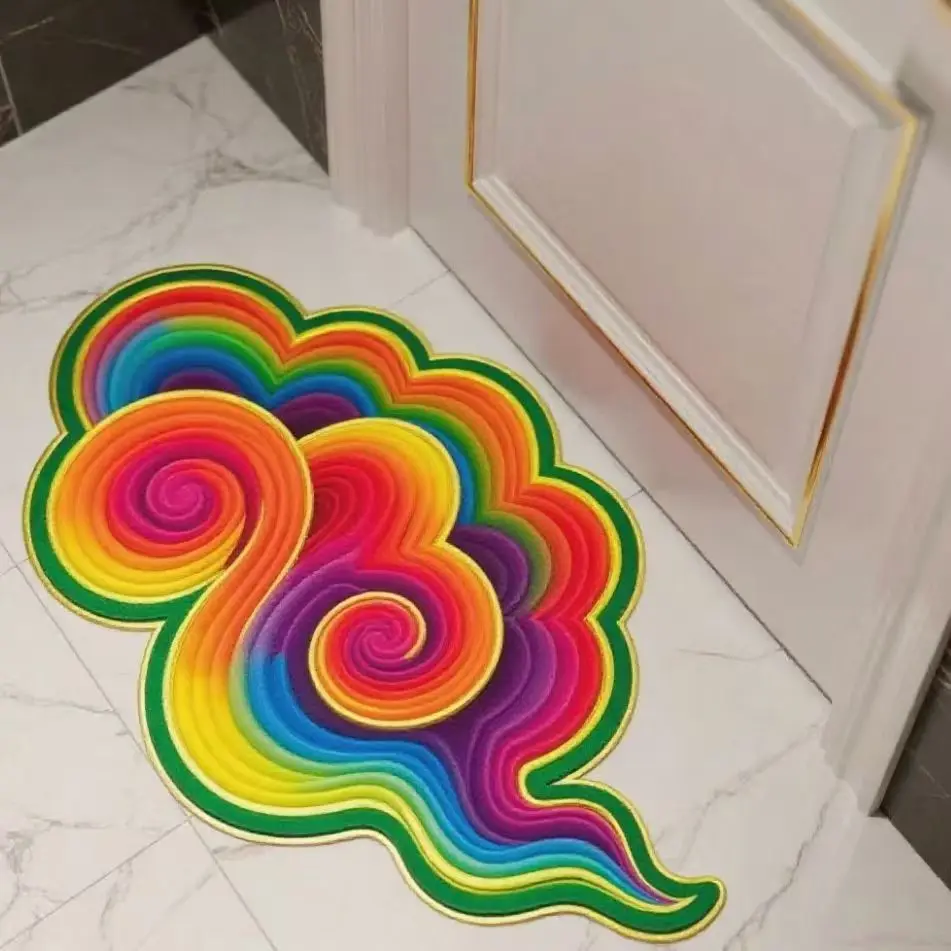 VIKAMA Irregular Rainbow Swirl Cloud Doormat Color Gradient Golden Edge Non Slip Soft Front Entry Indoor Bedroom Decor Rug