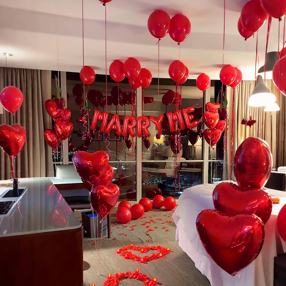 مجموعة بالونات حمراء للزواج مني، محاكاة بتلات الورد، بالون على شكل قلب، ديكور اقتراح اعتراف عيد الحب
