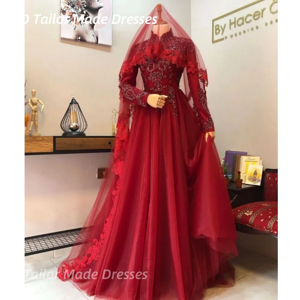 Vestido de novia musulmán rojo oscuro clásico, vestido de novia de manga larga con cuello alto, Apliques de encaje con cuentas, ropa Formal personalizada para mujer