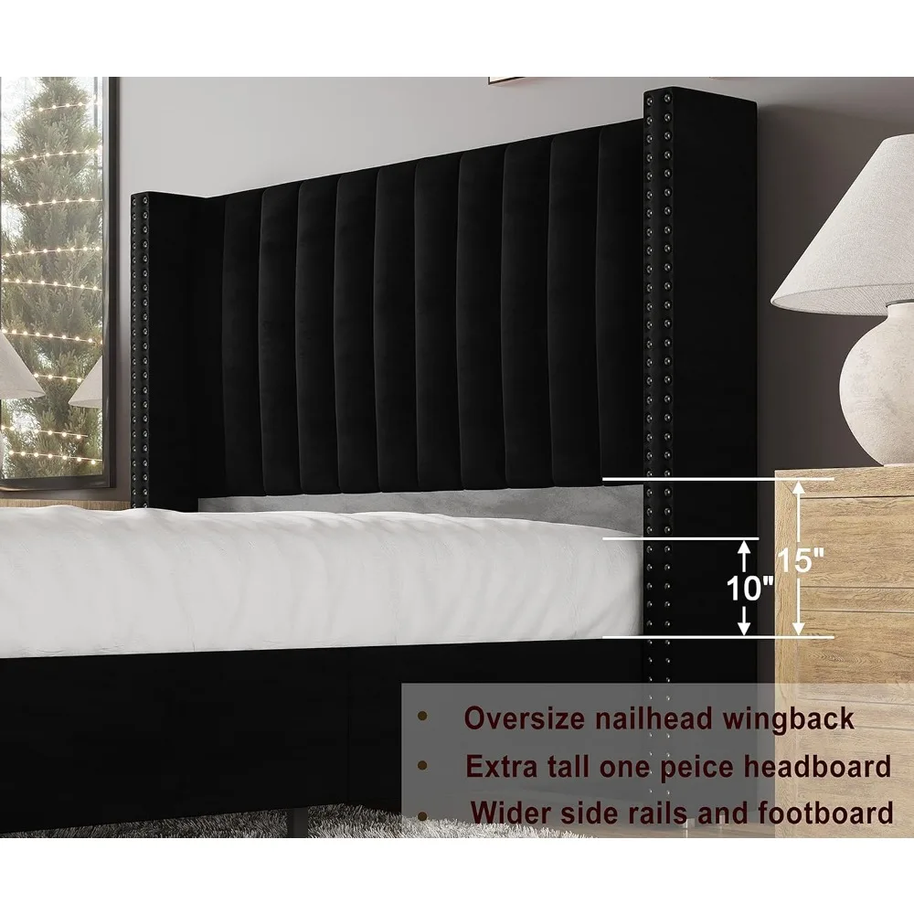 Queen Size Bed Frame Upholstered Platform Bed with Tall Headboard Wingback, Velvet Vertical Channel Tufted, No Box Spring Needed