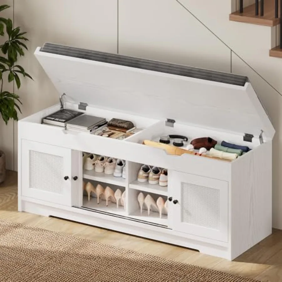 

Банкетка для обуви 47.2 с подъемной крышкой для хранения, банкетка для прихожей с мягким сиденьем, 2-уровневый ротанговый шкаф для обуви с регулируемой полкой для хранения