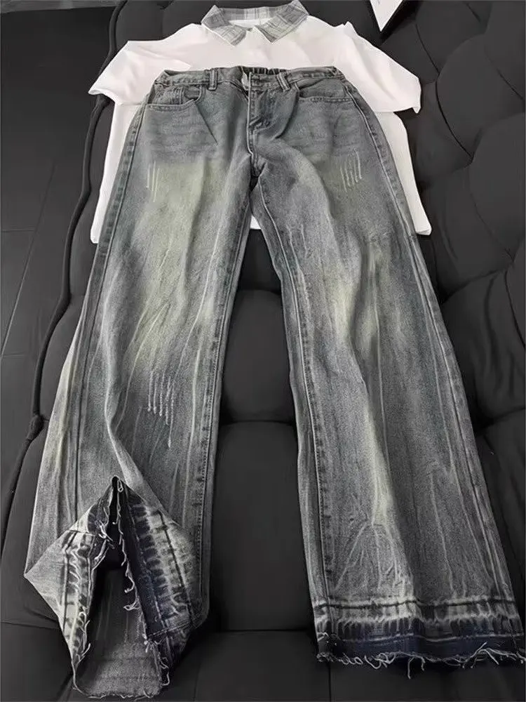 Blue Lightning Pattern Bell Bottom Jeans Men's Slim Fit Straight Leg Casual Jeans mid Waist Zipper Fly Youth Fashion