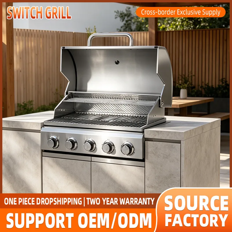 Commercial Grade 5 Burner Built-in BBQ Grill - 304 Stainless Steel with High-Efficiency Burners & Stylish Round Cover