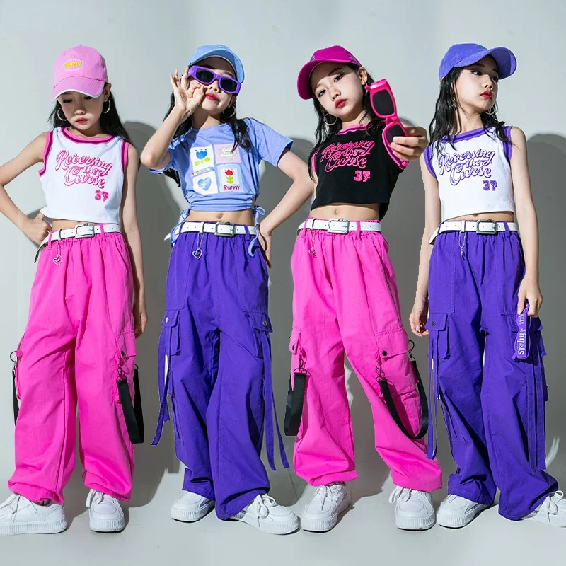 Girls Hip Hop Sweet Crop Tank Top Cargo Pants Clothes Sets Kids T-shirt Street Dance Joggers Child Streetwear Cute Teen Costumes