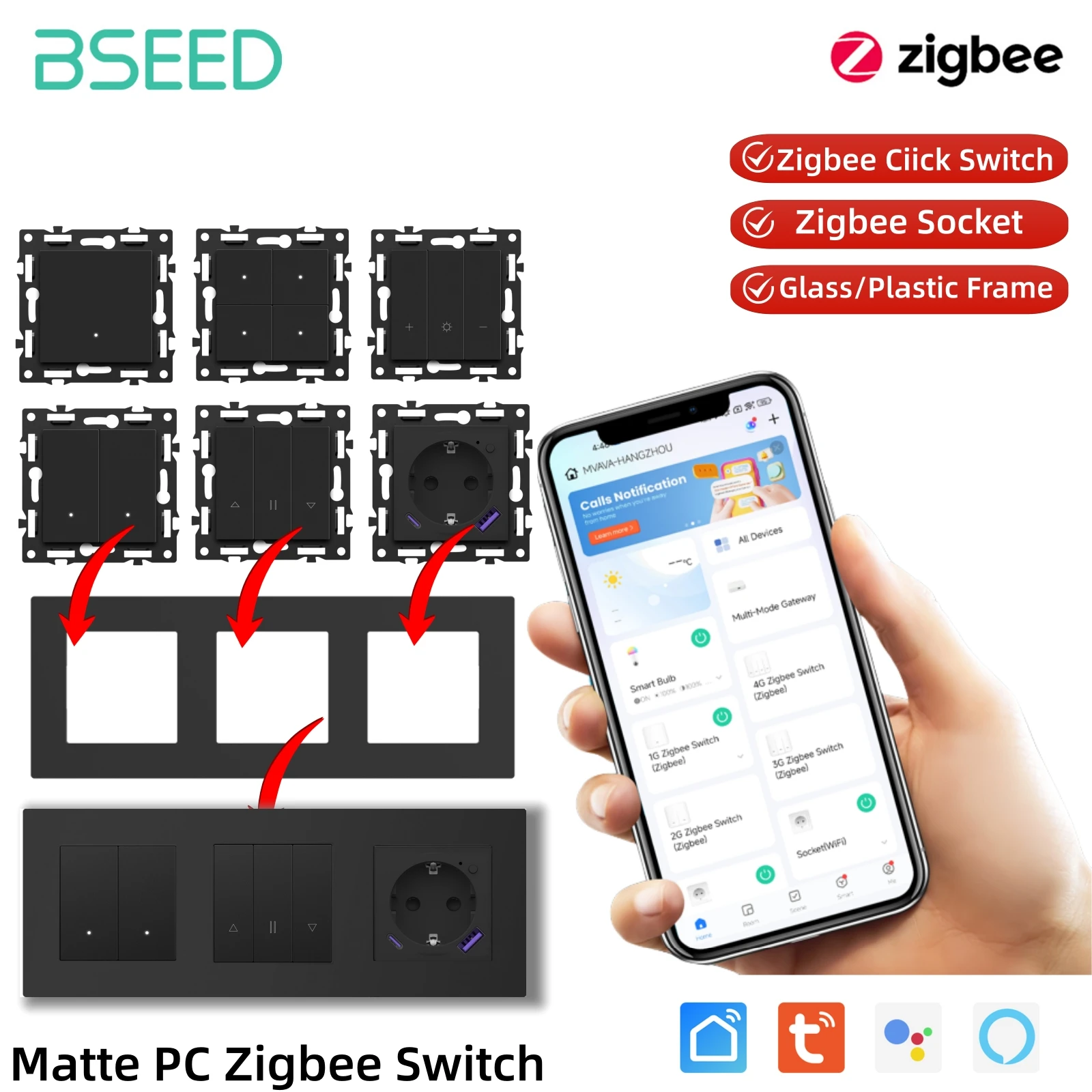 

Модули переключателя Click BSEED ZigBee, стеклянная/рамка для ПК, детали умного выключателя света, комбинированные розетки «сделай сам», зарядка через USB, серия E