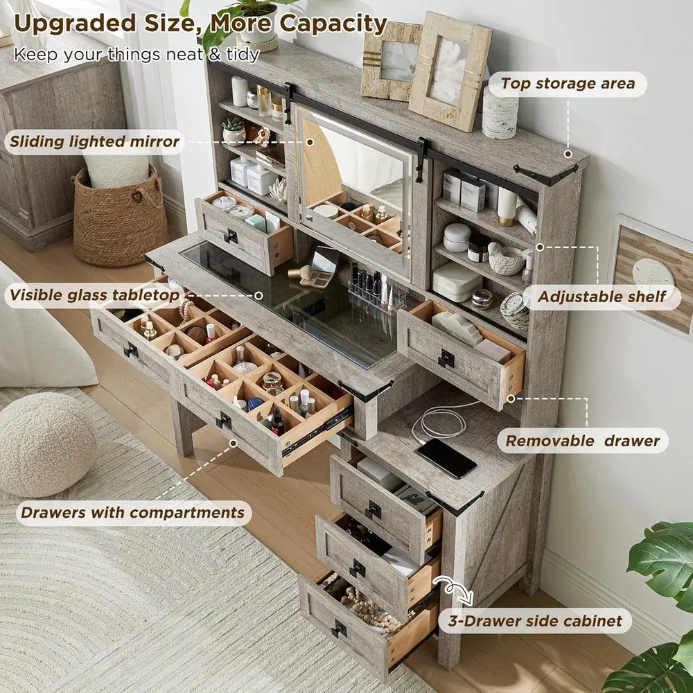 48 Lighted Makeup Vanity Desk with Sliding HD Mirror, 7 Drawers & Shelves, Large Rustic Oak Vanity Table view 2
