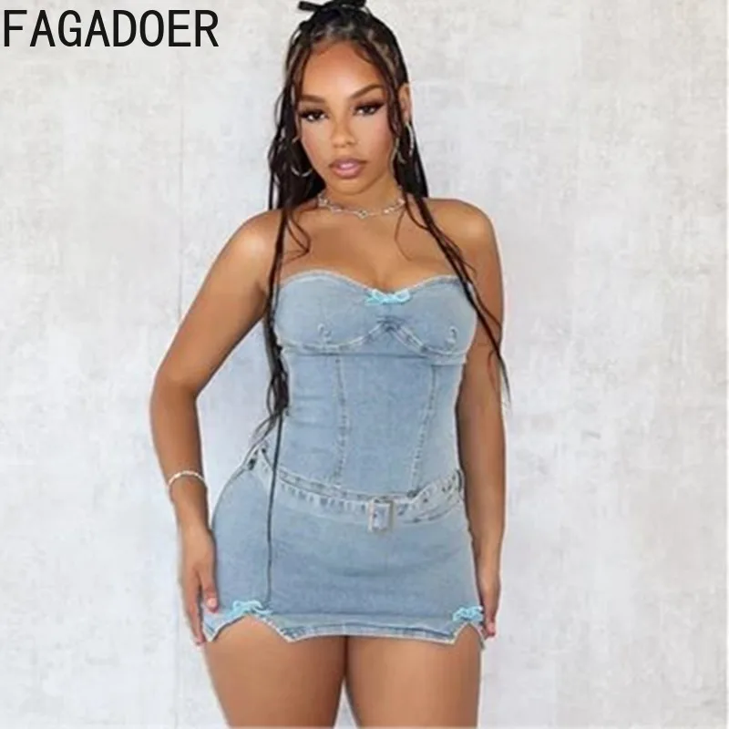 

FAGADOER Light Blue Sexy Off Shoulder Denim Bodycon Mini Dresses Women Sleeveless Backless Slim Vestidos Fashion Cowboy Clothing