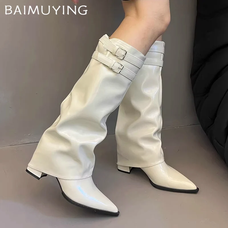 Pointed Toe Women High Boots Sexy Chunky Mid Heels Knee High Shoes 2025 Trend Winter Designer Pumps Goth Motorcycle Botas Mujer