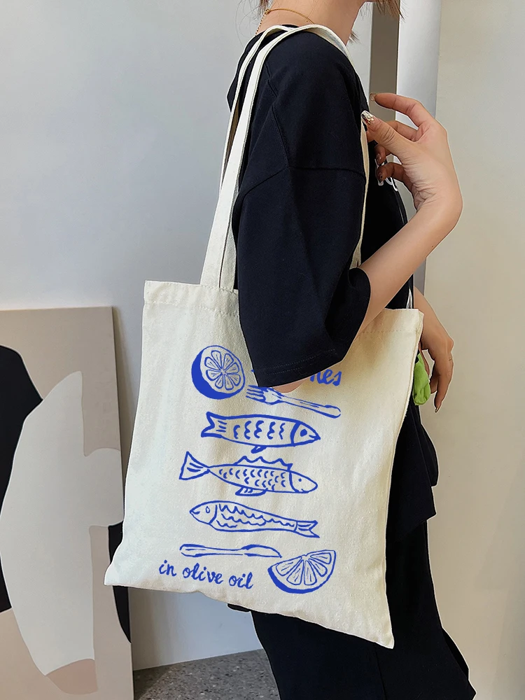 1 Uds. Bolso de estudiante reutilizable informal con patrón de dibujos animados, bolso de compras con estampado de peces de sardinas, bolso de lona de calle de moda de viaje