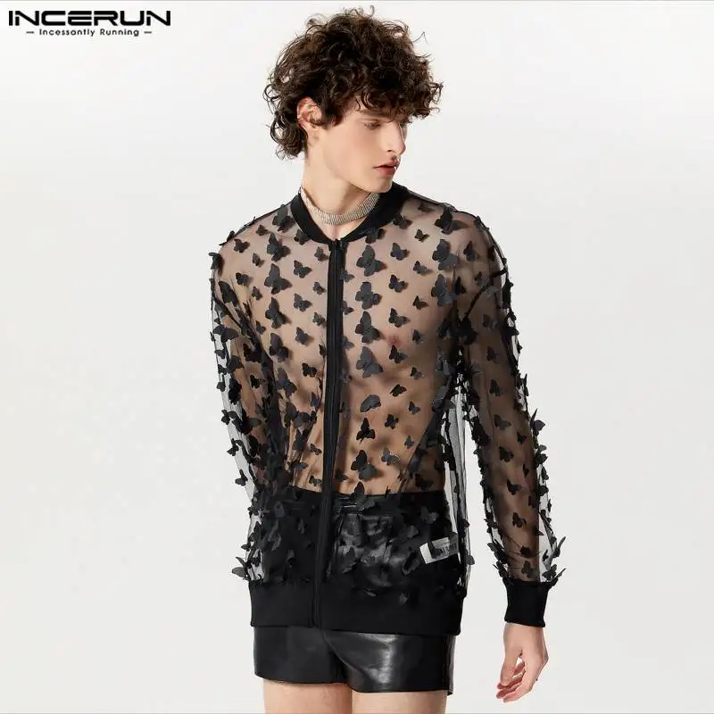 Men Shirt Mesh Patchwork Transparent Long Sleeve Zipper Men Clothing Streetwear Sexy 2024 Fashion Party Casual Shirts INCERUN