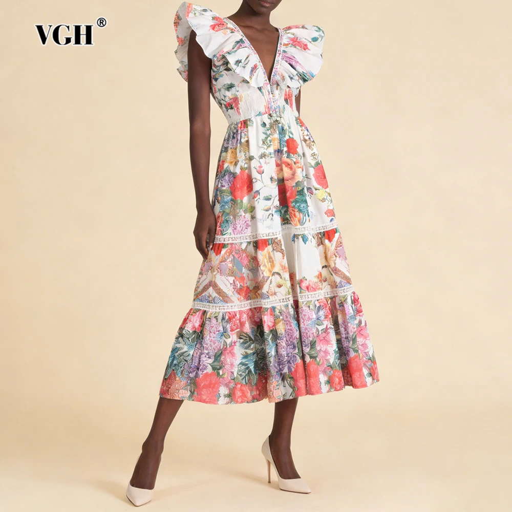 

Пляжные платья VGH для женщин, стройнящие фигуру, с принтом, V-образным вырезом, без рукавов, с высокой талией, летние, милые, драпированные, женская мода, новинка