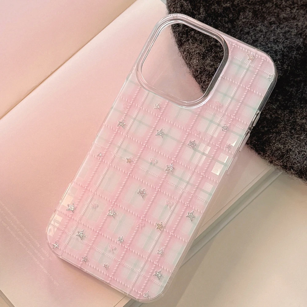 

Grid Pattern Star Glitter Phone Case for iPhone 17 16 Pro Max 15 14 Plus 13 12 Mini 11 XS MAX XR X 8 7 INS Cute Protective Cover
