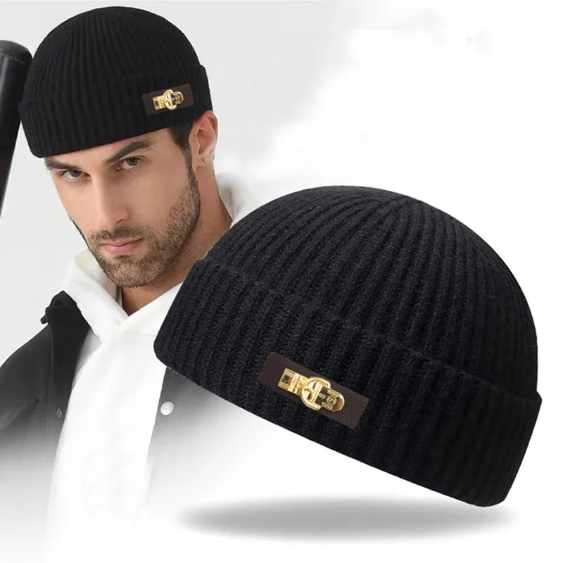 Melonenhautmütze mit Lederetikett, Strickmütze für Herbst und Winter, warme Outdoor-Mütze für Herren und Damen, Baotou, kalte Krempe ohne Krempe