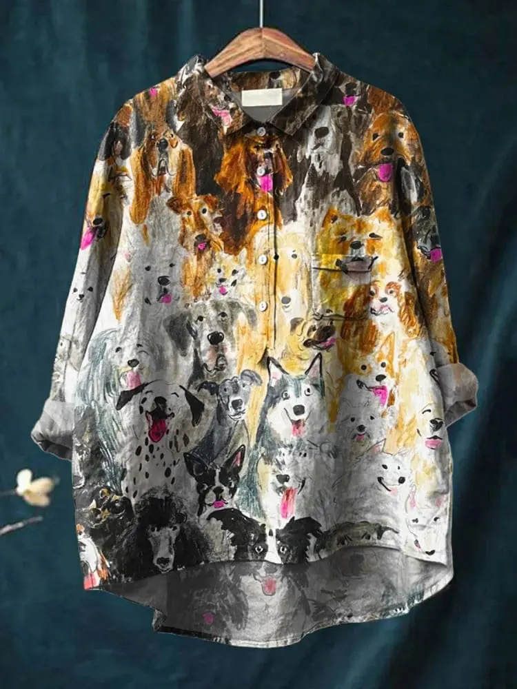 

Ретро и красивая модная женская рубашка с длинными рукавами и 3D принтом собаки, весенняя повседневная открытая рубашка с лацканами