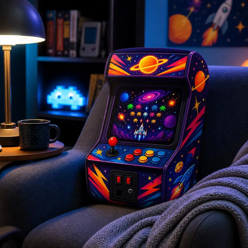 Retro Arcade Cabinet Plush Pillow Space Alien Gamer Cushion Neon Galaxy Shaped Stuffed Throw Pillow Game Room Decor Gift