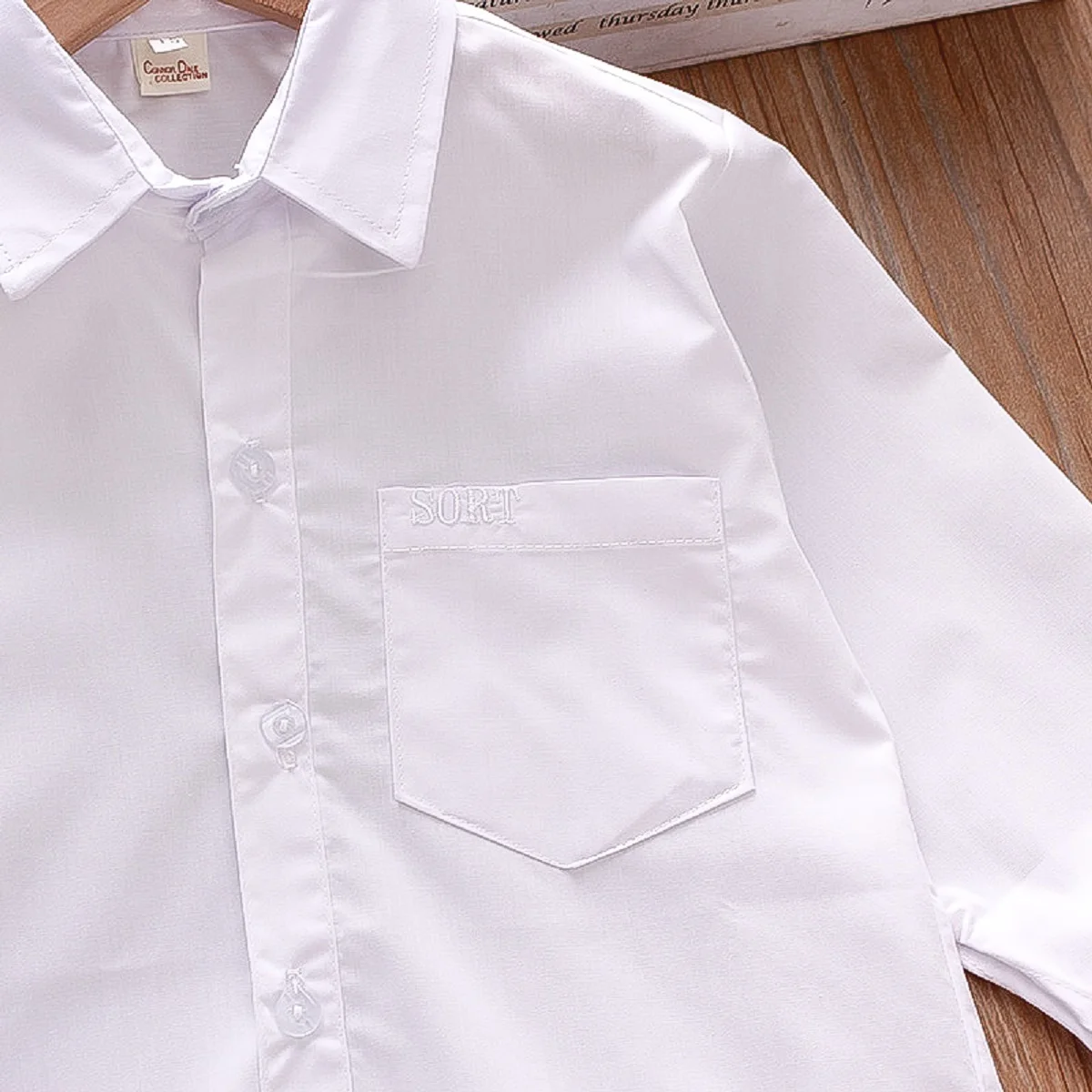 Spring Boys\' White Shirt Solid Pocket Decorative Polo Long Sleeve Top Underlay Shirt