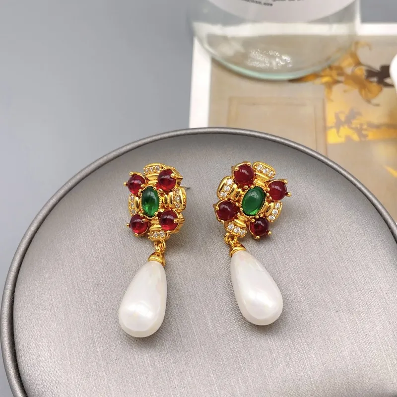 

French Vintage Court Style Inlaid Red Agate Pearl Drop Earrings For Women Luxury Plating 18k Gold Earrings Jewelry