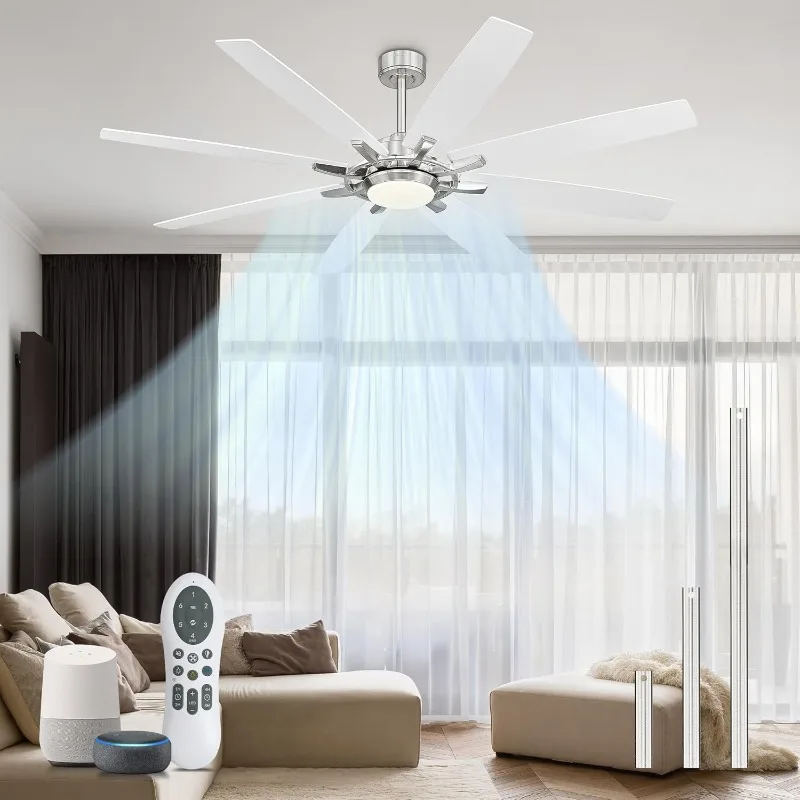 70inch Large Ceiling Fans with Lights and Remote, Indoor/Outdoor Brushed Nickel Ceiling Fan, Dual Finish 8 Blades